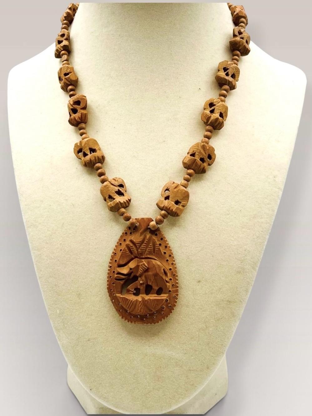 Vintage Hand Carved Wood Elephant Pendant Necklace Boho Tribal Statement
